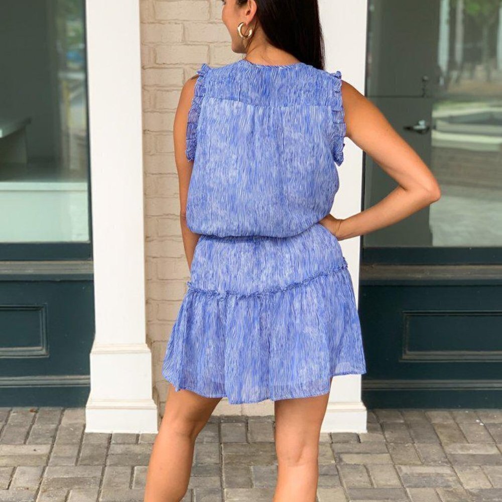 Pinch Blue Alys Wavy Tiered Lined Sleeveless Fit Flare Striped Medium Mini Dress - Picture 2 of 8